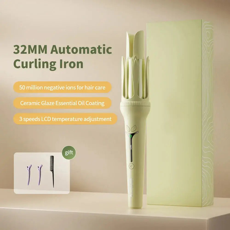 Auto Hair Curler Green with 32MM barrel, auto-rotating technology, and safety features.