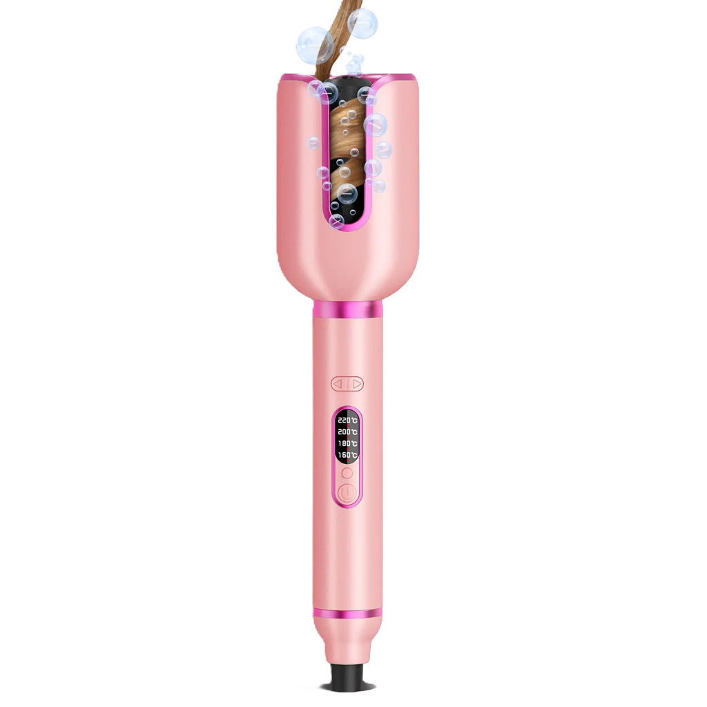 Auto Hair Curling Belluci - Pink automatic curling wand with intelligent motor and LED display.