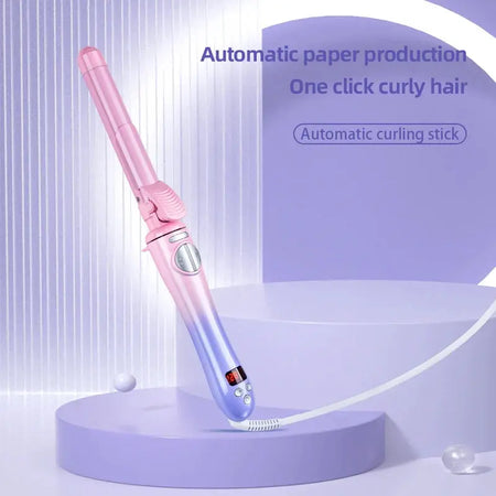 Automatic rotating curling iron for perfect curls, pink design, easy one-click operation.