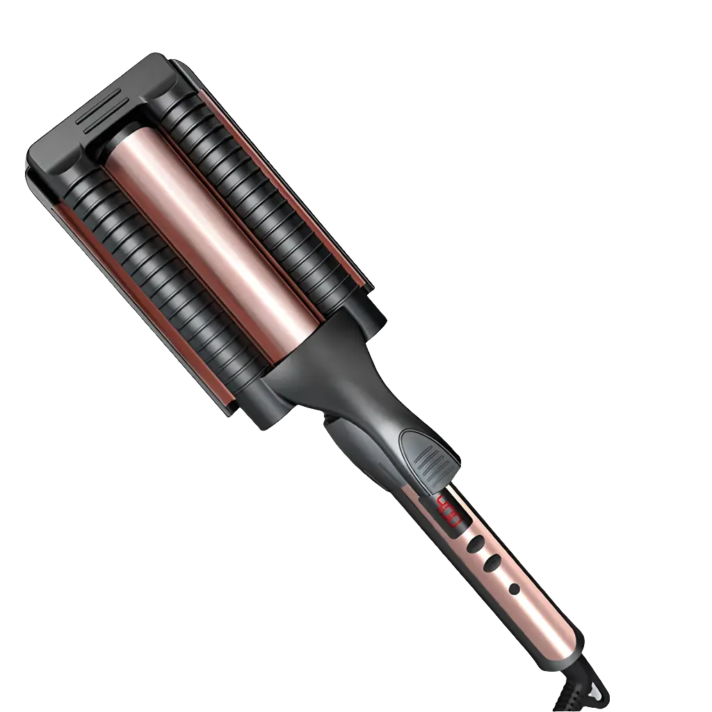 Barrel Waver Curling with 360° rotatable power cord, anti-scald design, and adjustable temperature.