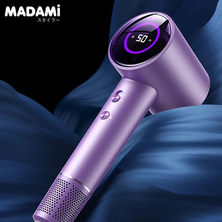 Ionic hair dryer with LCD temperature display in sleek purple design.