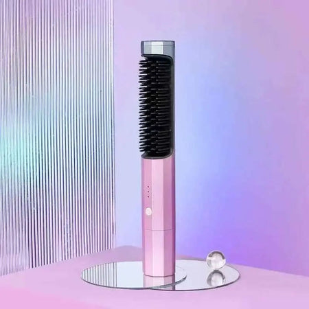 Wireless comb straightener with ceramic heating element on display against a pastel background.