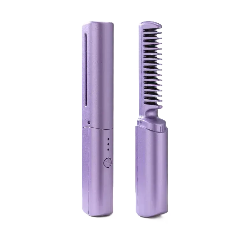 Portable wireless electric hair straightener comb in purple color.