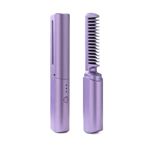 Portable wireless electric hair straightener comb in purple color.