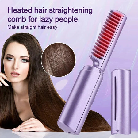 Portable wireless hair straight comb for easy straightening and styling.