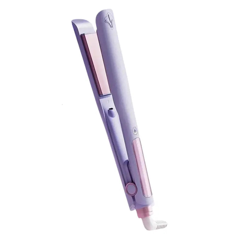 Purple hair straightener flat iron with ergonomic design.