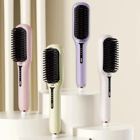 Hair straightening brush in multiple colors with negative ion technology.