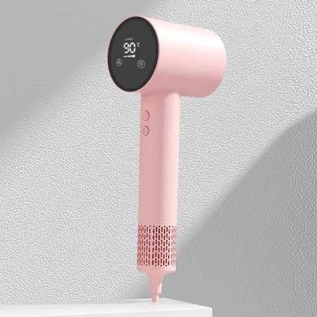 Negative ions power hair dryer with LED display, pink design, high-speed brushless motor.