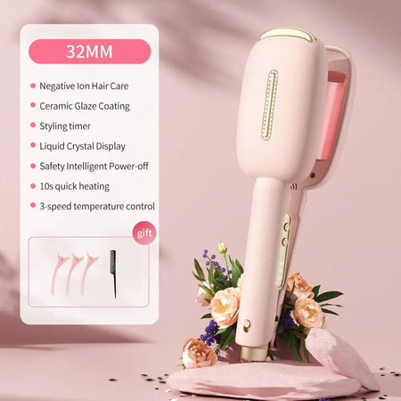 Paris Curling Iron Hair with decorative flowers and pink background, featuring negative ion hair care and ceramic glaze coating.