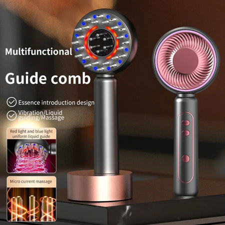 Portable electric scalp massager with LED light, EMS massage comb, and roller ball head for hair growth.