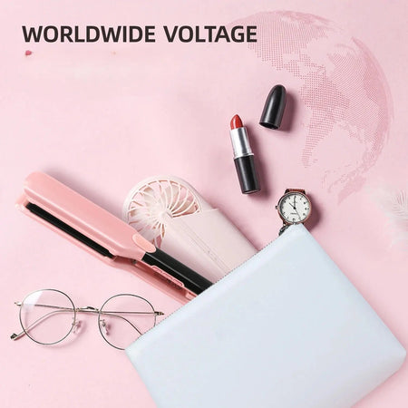 Pro Hair Straightener 500F Plasma with worldwide voltage feature, surrounded by accessories on pink background.