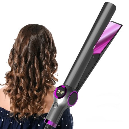 Professional hair curved plate styler with 450°F PTC technology, showcasing curls.