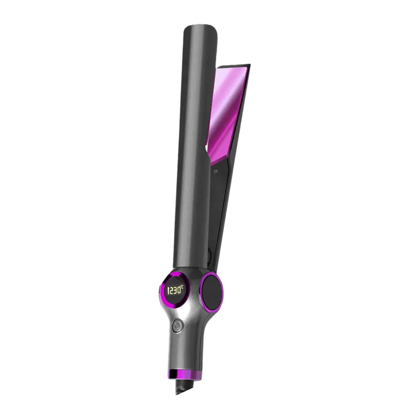 Professional hair straightener with curved plate design heats up to 450°F.