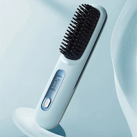 Rechargeable comb hair straightener with display and black bristles.