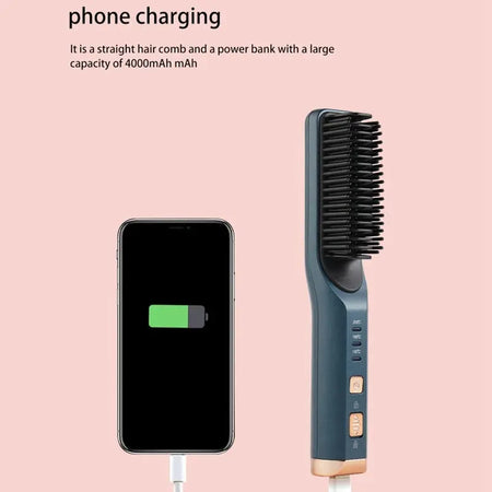 Straight hair wireless comb with power bank feature, 4000mAh capacity.