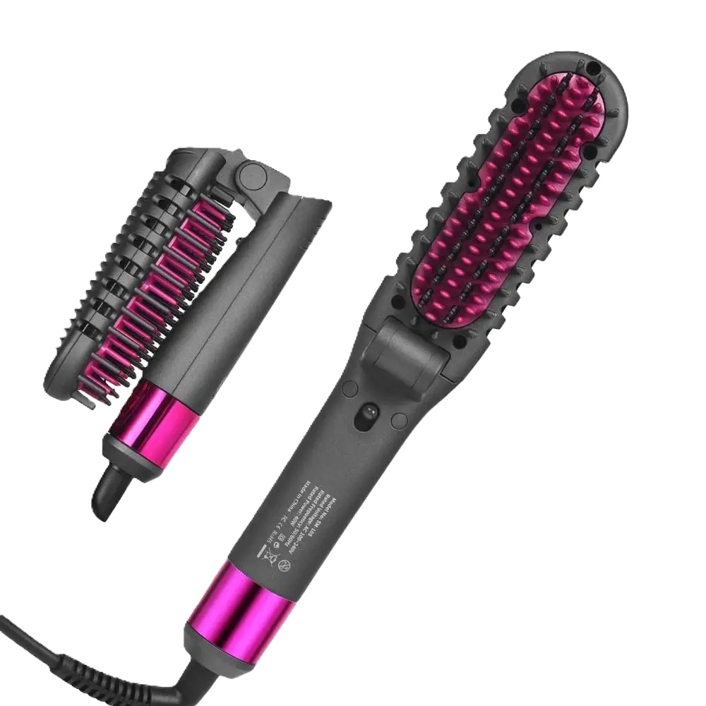 Foldable hair straightener brush with PTC heating and anti-scald design.