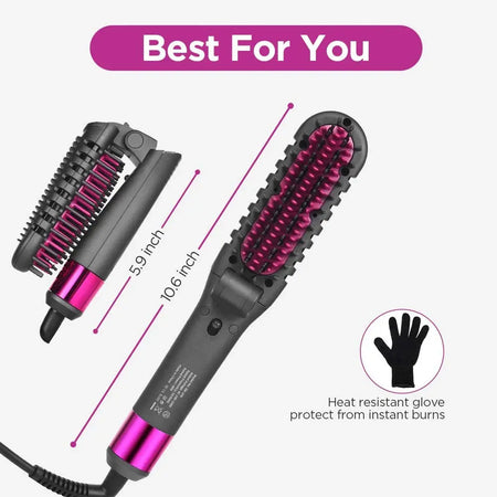 Foldable hair straightener with PTC heating and 3D brush teeth, featuring four heat settings, anti-scald design, and ceramic ionic technology.