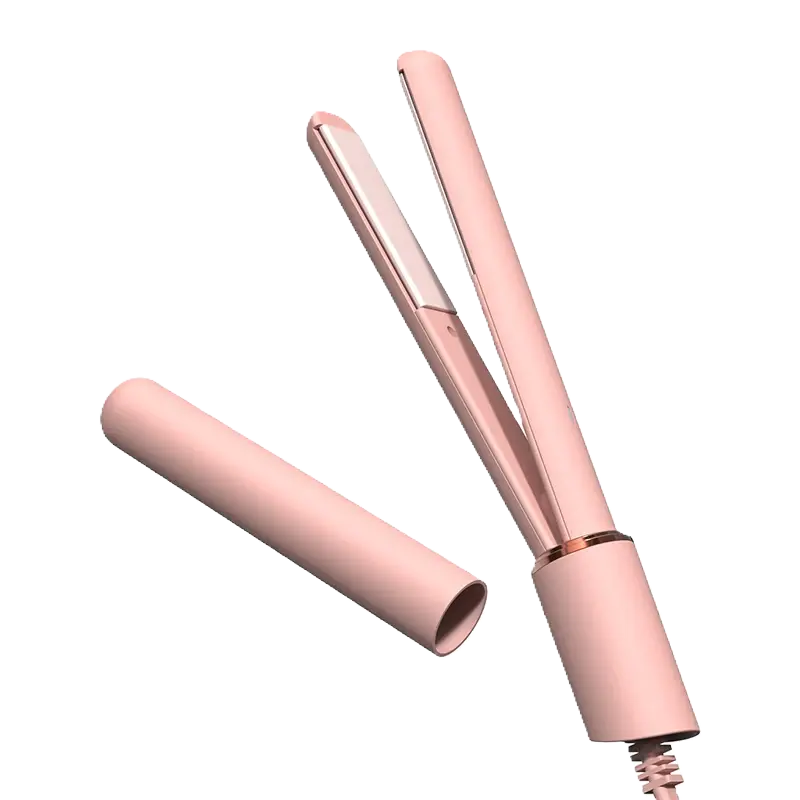 Mini hair straightener and curler with tourmaline ceramic plates in a sleek design.