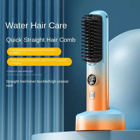 Wireless hair straightening comb with fast heating and temperature adjustment features, designed for water hair care.