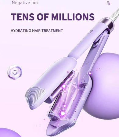 Negative ion curling iron with hydrating hair treatment feature for smooth, voluminous curls.