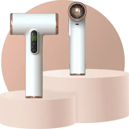 Wireless hair dryer with digital display and sleek white design on a neutral background.