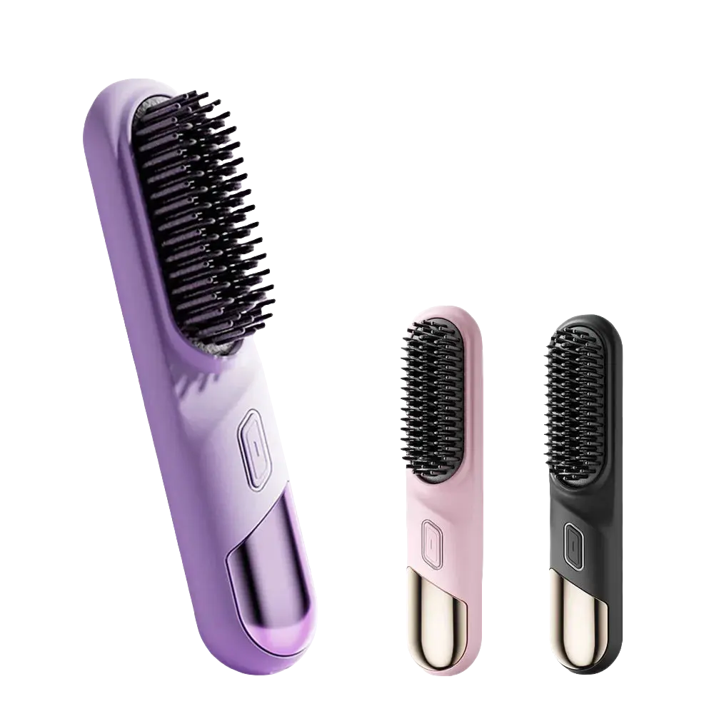 Wireless Hair Straightener Brush in purple, pink, and black variations.