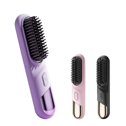 Wireless Hair Straightener Brush in purple, pink, and black variations.