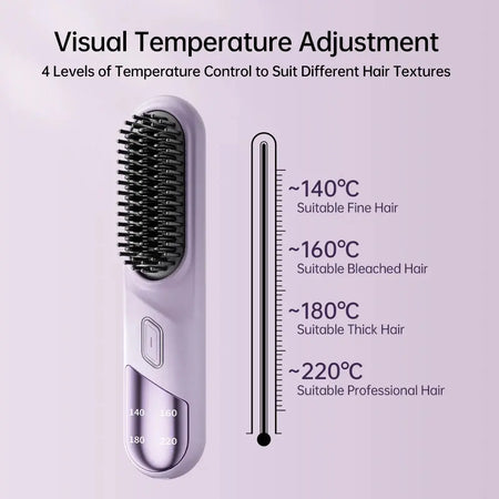 Wireless Hair Straightener Brush with Visual Temperature Adjustment and Four Heat Settings